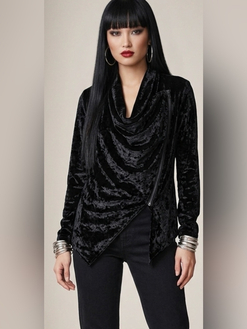[BLANKNYC] Black Crushed Velvet Asymmetrical Zip Draped Moto Jacket Size M